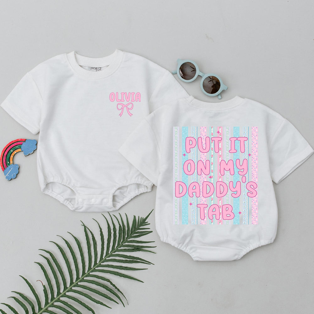 Put It On My Daddy’s Tab Personalized Baby Romper with Pink Bow Sweet Striped Design, Cute Infant Bodysuit First Father’s Day Gift