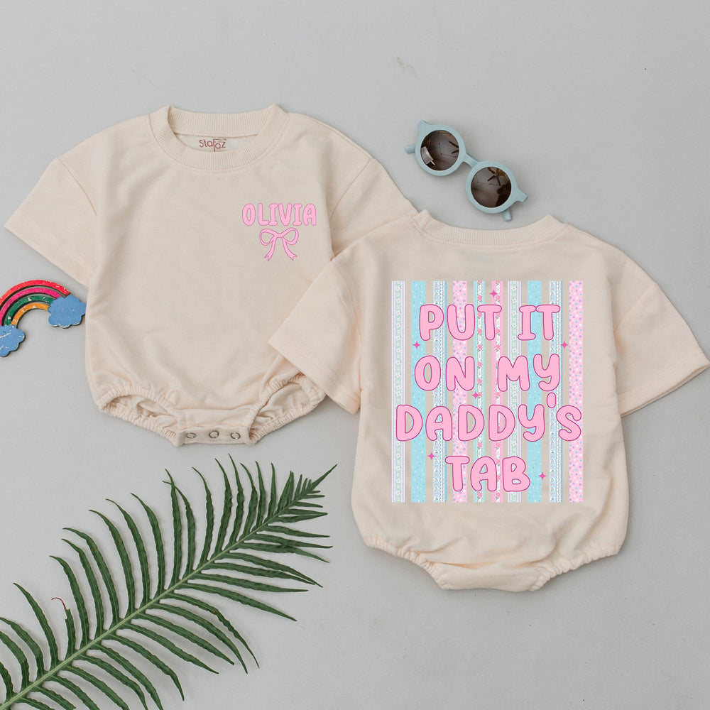 Put It On My Daddy’s Tab Personalized Baby Romper with Pink Bow Sweet Striped Design, Cute Infant Bodysuit First Father’s Day Gift