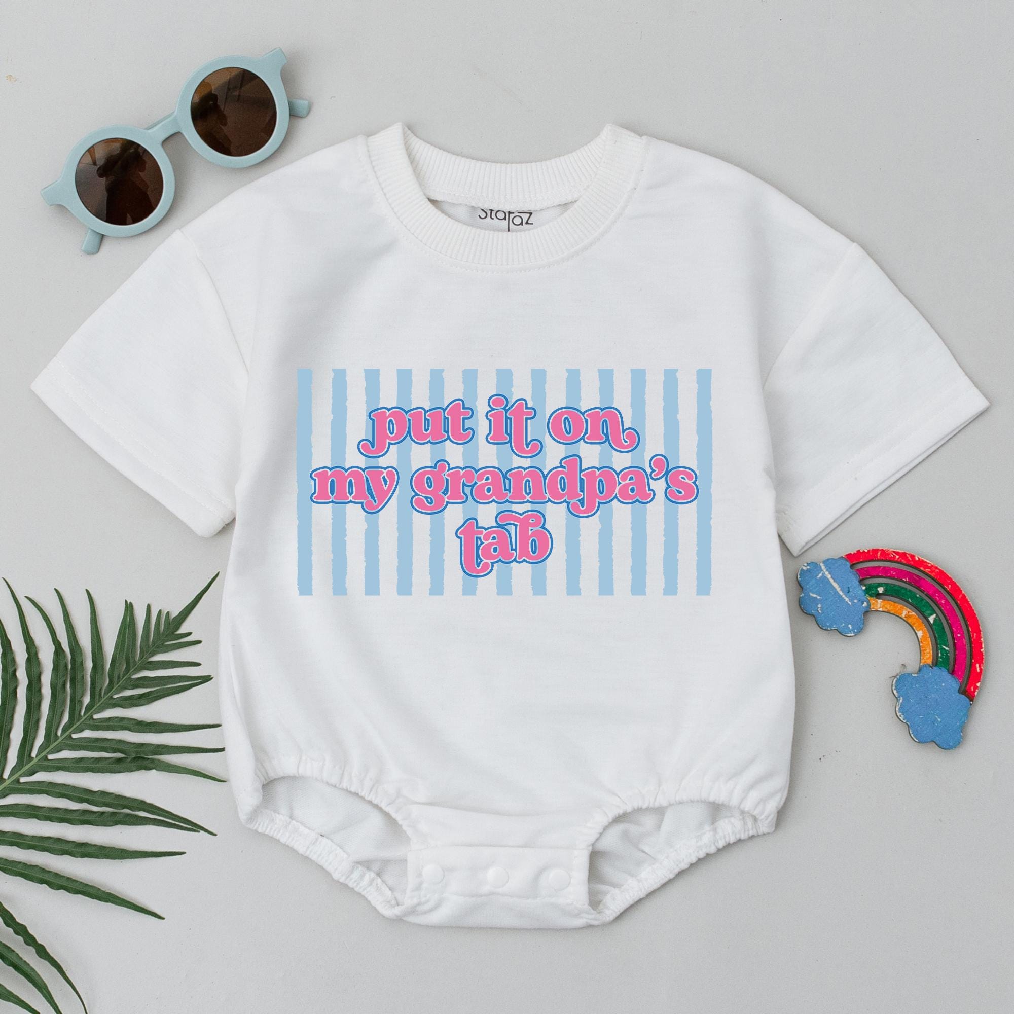 Put It On My Grandpa's Tab Baby Bubble Romper, Funny Infant Outfit with Blue Stripes, Short Sleeve Gender Neutral Baby Shower Gift