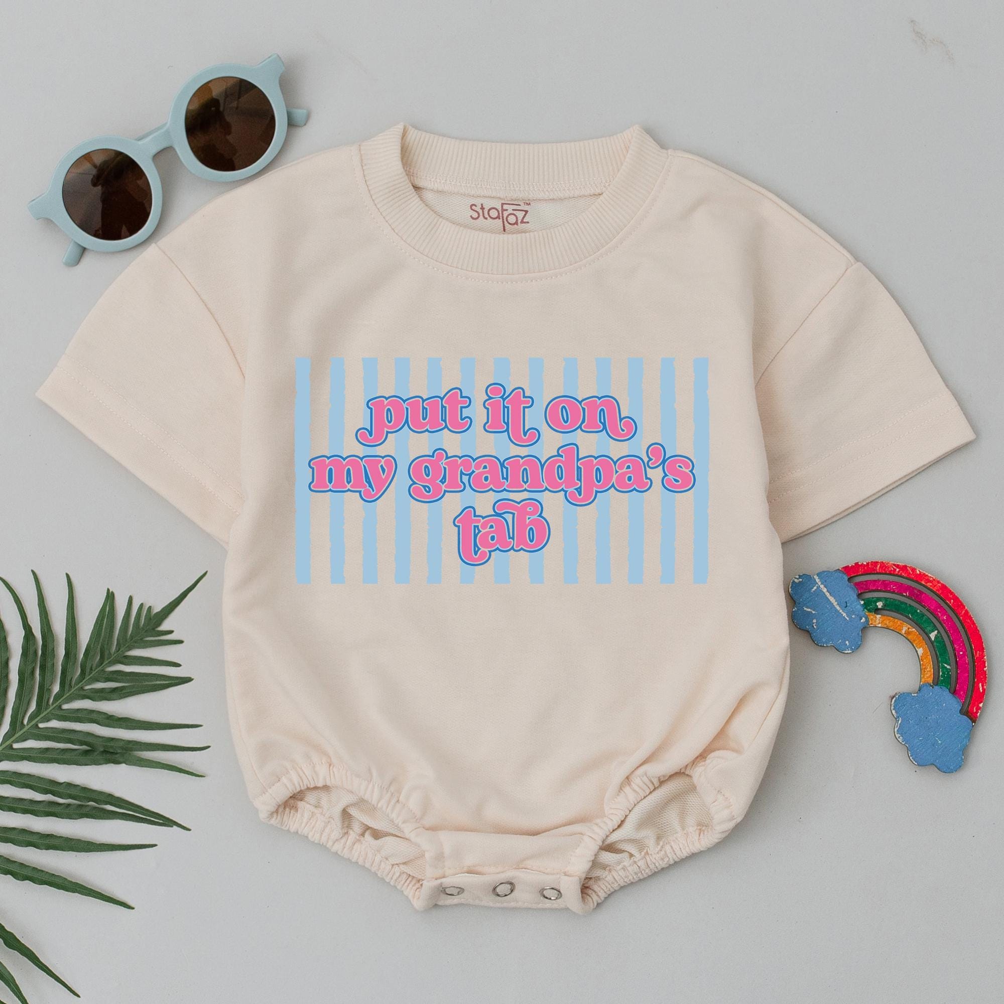 Put It On My Grandpa's Tab Baby Bubble Romper, Funny Infant Outfit with Blue Stripes, Short Sleeve Gender Neutral Baby Shower Gift