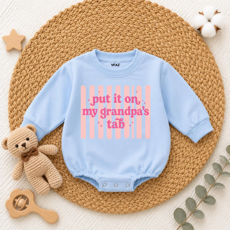 Put It on My Grandpa's Tab Baby Romper, Funny Blue Long Sleeve Bodysuit for Newborns, Soft Cotton Outfit, Cute Grandpa Gift for Babies