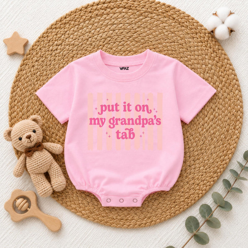 Put It on My Grandpa's Tab Baby Romper, Funny Blue Long Sleeve Bodysuit for Newborns, Soft Cotton Outfit, Cute Grandpa Gift for Babies