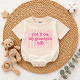 Put It on My Grandpa's Tab Baby Romper, Funny Blue Long Sleeve Bodysuit for Newborns, Soft Cotton Outfit, Cute Grandpa Gift for Babies