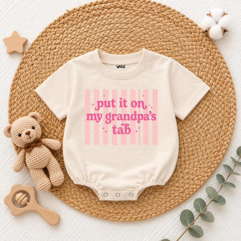 Put It on My Grandpa's Tab Baby Romper, Funny Blue Long Sleeve Bodysuit for Newborns, Soft Cotton Outfit, Cute Grandpa Gift for Babies