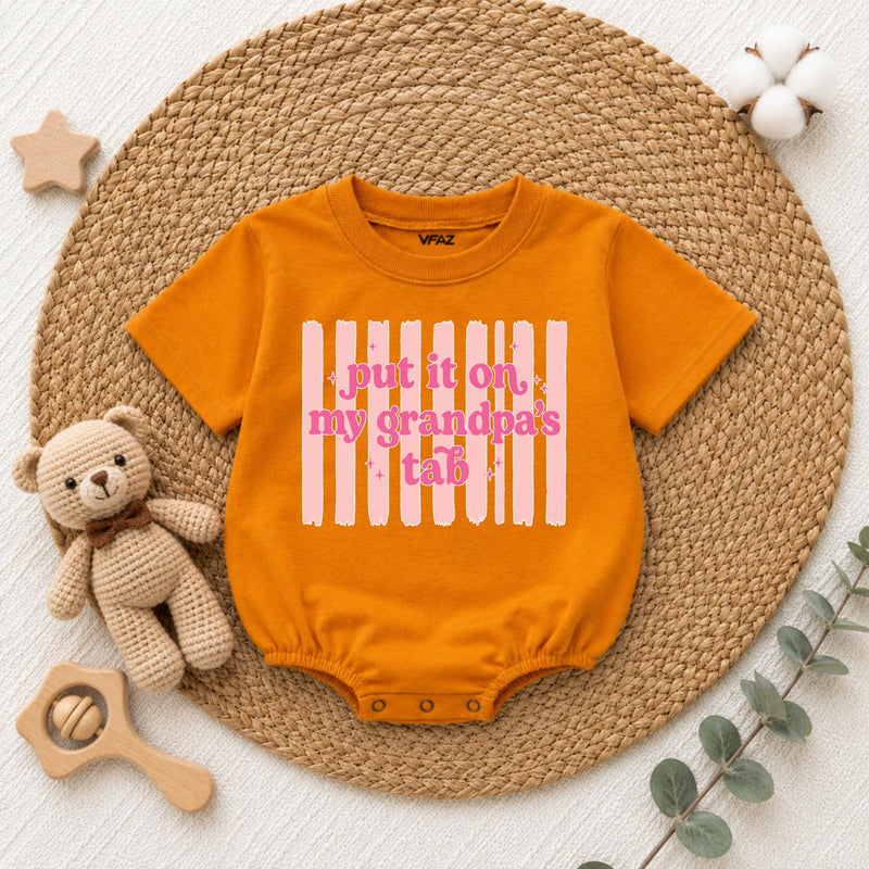 Put It on My Grandpa's Tab Baby Romper, Funny Blue Long Sleeve Bodysuit for Newborns, Soft Cotton Outfit, Cute Grandpa Gift for Babies