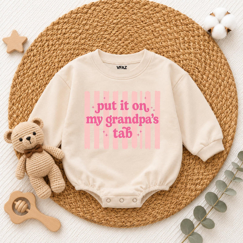 Put It on My Grandpa's Tab Baby Romper, Funny Blue Long Sleeve Bodysuit for Newborns, Soft Cotton Outfit, Cute Grandpa Gift for Babies