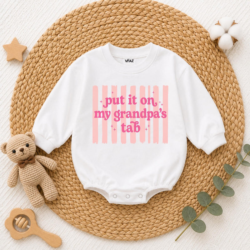Put It on My Grandpa's Tab Baby Romper, Funny Blue Long Sleeve Bodysuit for Newborns, Soft Cotton Outfit, Cute Grandpa Gift for Babies