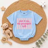 Put It on My Grandpa's Tab Baby Romper, Funny Blue Long Sleeve Bodysuit for Newborns, Soft Cotton Outfit, Cute Grandpa Gift for Babies