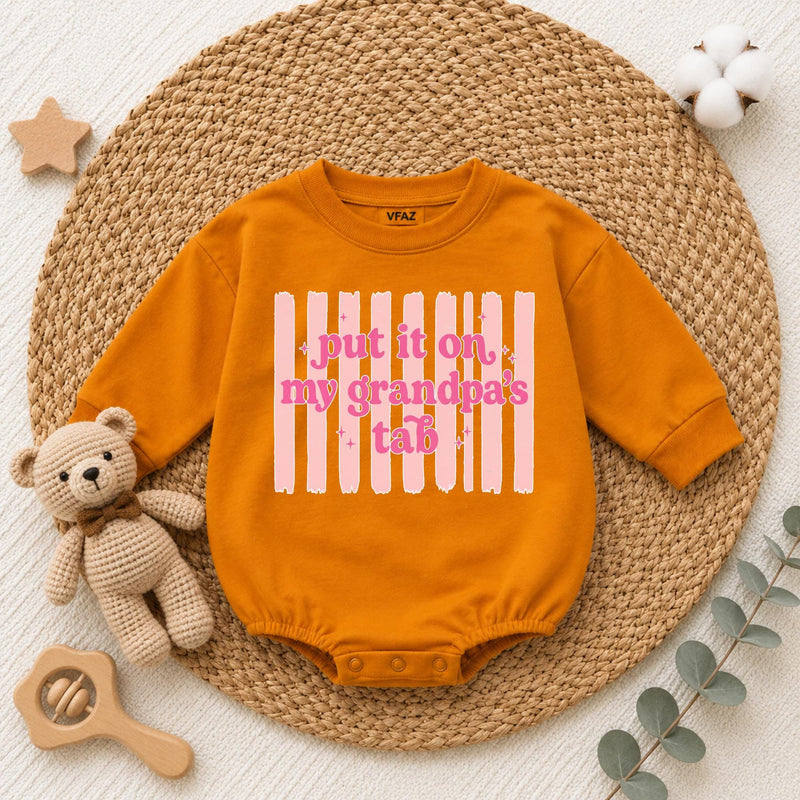 Put It on My Grandpa's Tab Baby Romper, Funny Blue Long Sleeve Bodysuit for Newborns, Soft Cotton Outfit, Cute Grandpa Gift for Babies