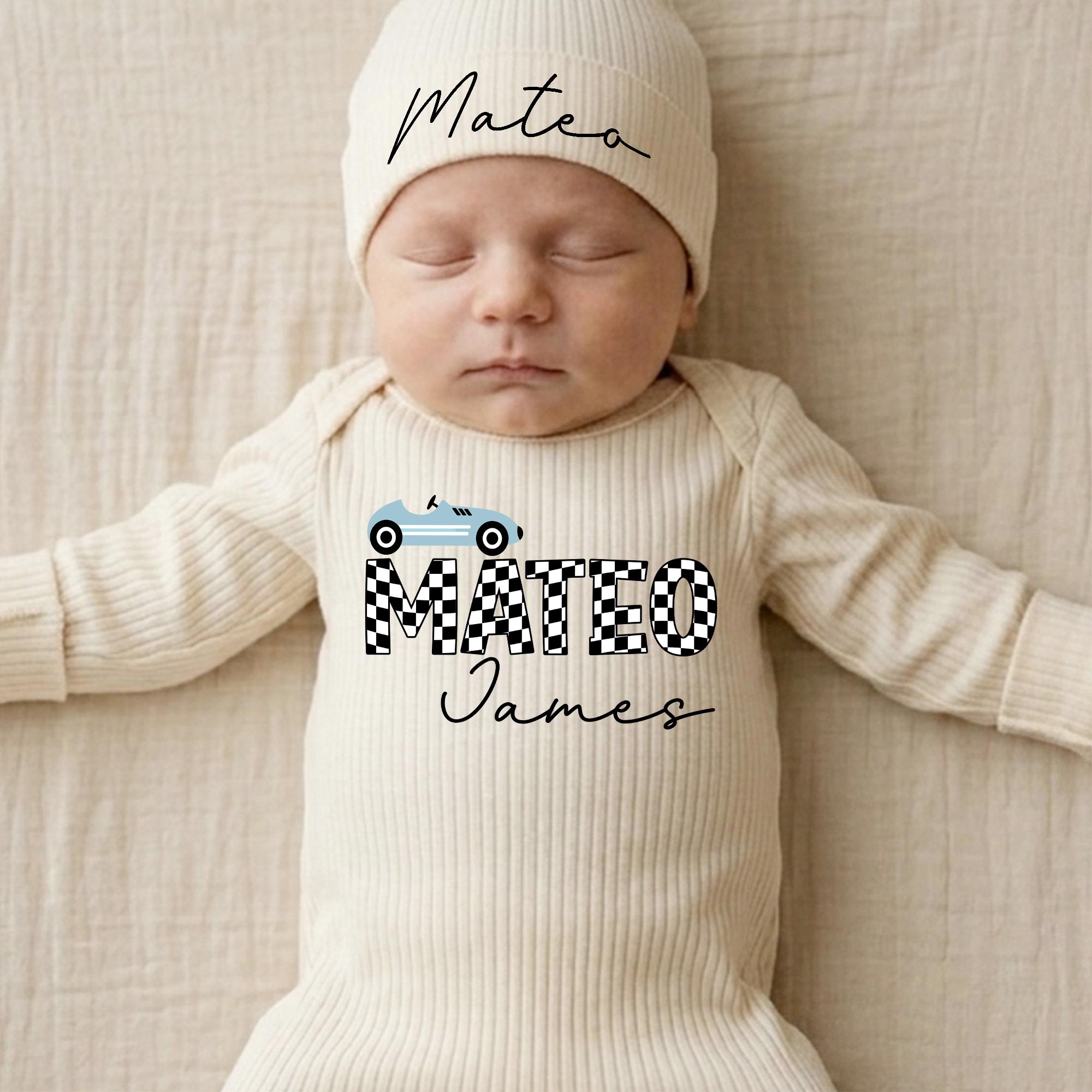Race Car Checkered Baby Boy Bodysuit with Custom Name and Hat, Newborn Coming Home Outfit, Personalized Baby Shower Gift