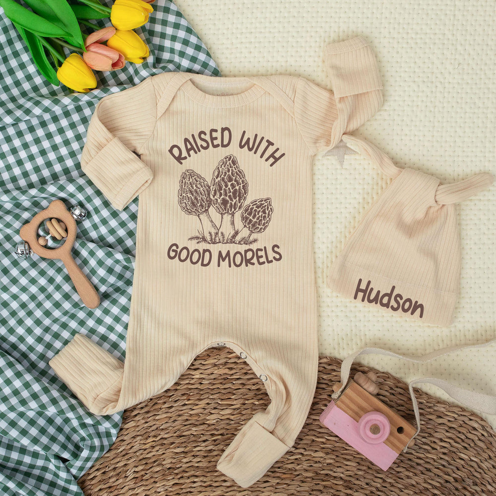 Raised With Good Morels Baby Bodysuit Mushroom Romper Custom Infant Outfit Newborn Coming Home Clothes Cotton Baby Shower Gift