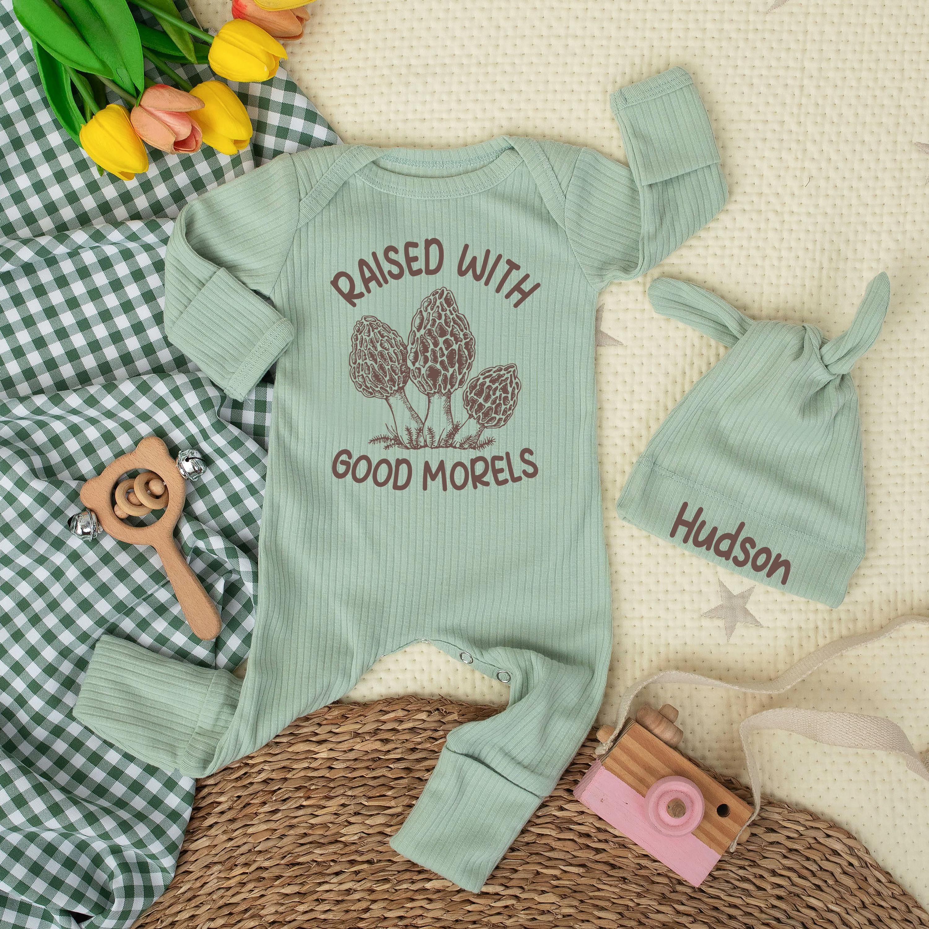 Raised With Good Morels Baby Bodysuit Mushroom Romper Custom Infant Outfit Newborn Coming Home Clothes Cotton Baby Shower Gift