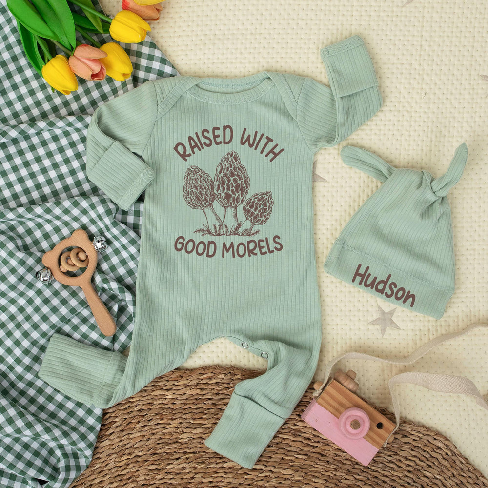 Raised With Good Morels Baby Bodysuit Mushroom Romper Custom Infant Outfit Newborn Coming Home Clothes Cotton Baby Shower Gift