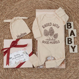 Raised With Good Morels Baby Bodysuit Mushroom Romper Custom Infant Outfit Newborn Coming Home Clothes Cotton Baby Shower Gift