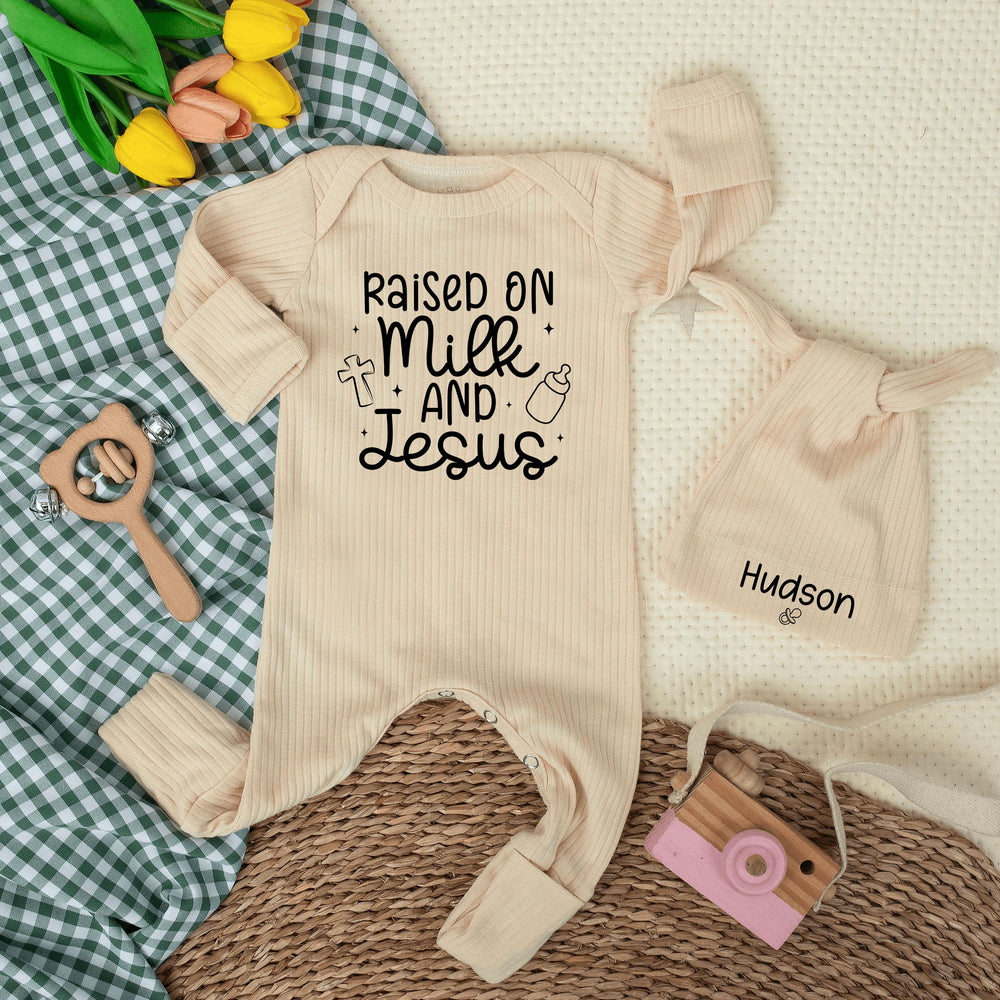 Raised on Milk and Jesus Baby Bodysuit with Custom Hat, Christian Infant Outfit, Faith-Based Gender Neutral Newborn Gift, Minimalist Design