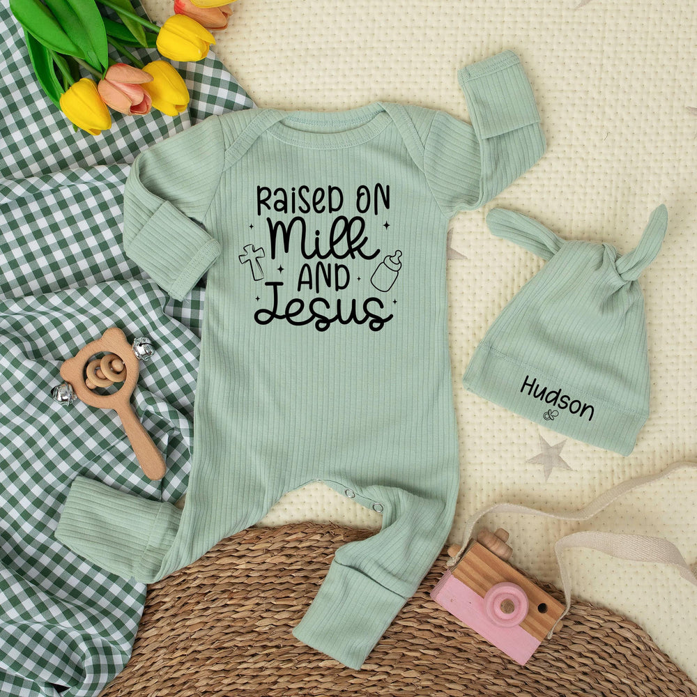 Raised on Milk and Jesus Baby Bodysuit with Custom Hat, Christian Infant Outfit, Faith-Based Gender Neutral Newborn Gift, Minimalist Design