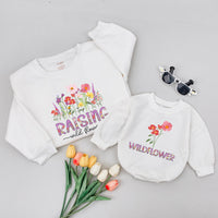 Raising Wildflower Mom Sweatshirt and Wildflower Baby Romper, Matching Mother Daughter Outfits with Custom Name Option