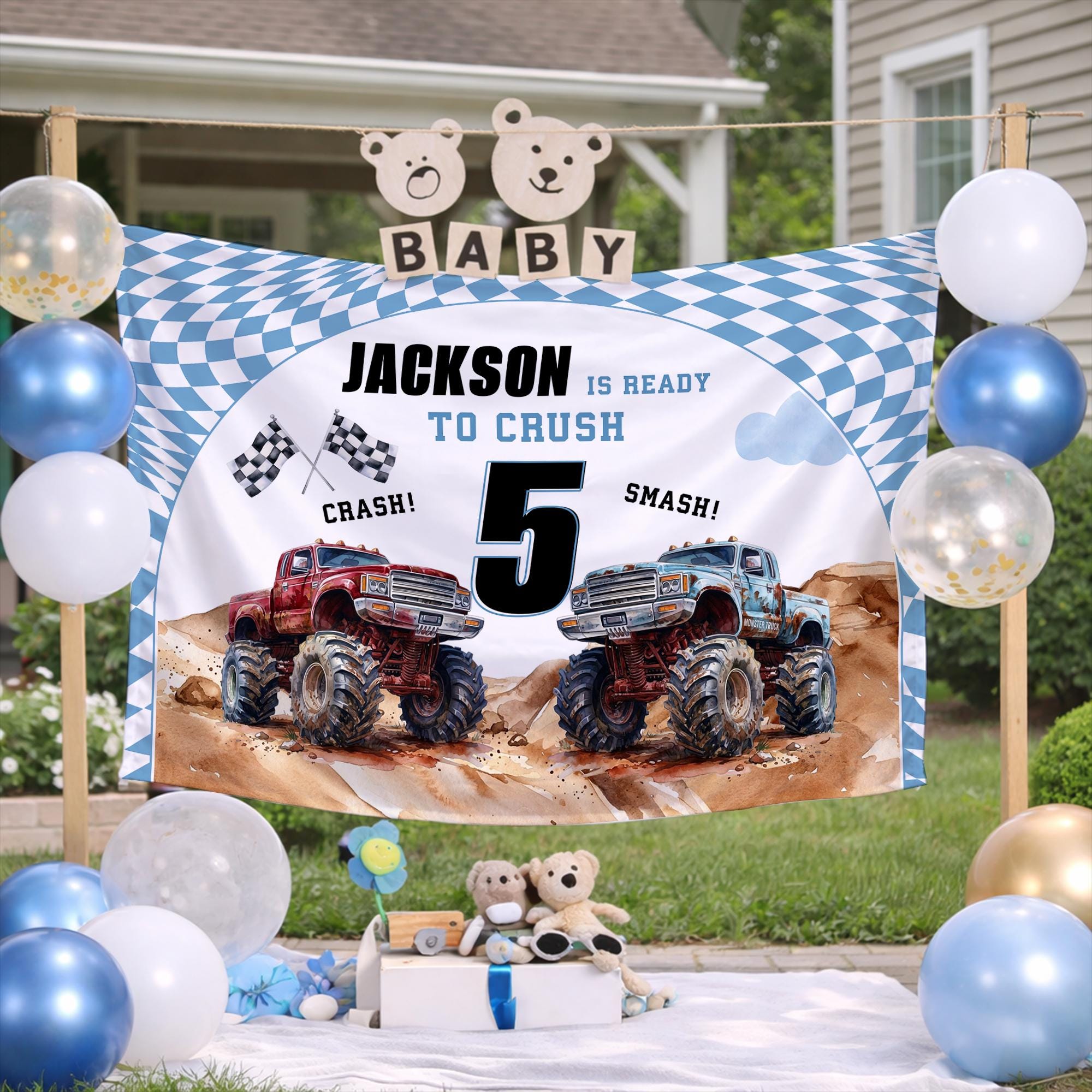 Ready to Crush Monster Truck Birthday Banner Custom for Boys, Personalized Party Backdrop with Name and Age, Fun Truck Theme Decor