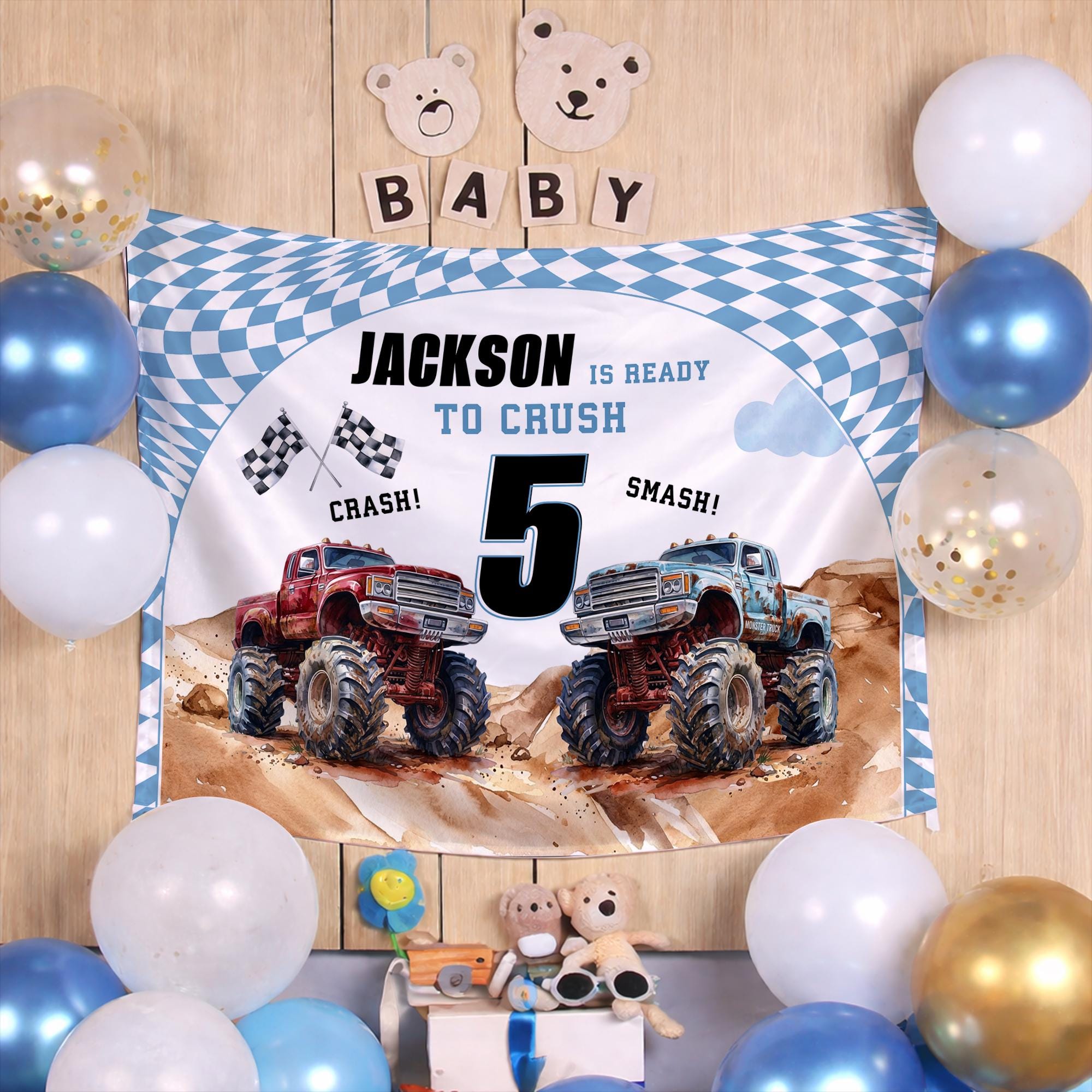 Ready to Crush Monster Truck Birthday Banner Custom for Boys, Personalized Party Backdrop with Name and Age, Fun Truck Theme Decor