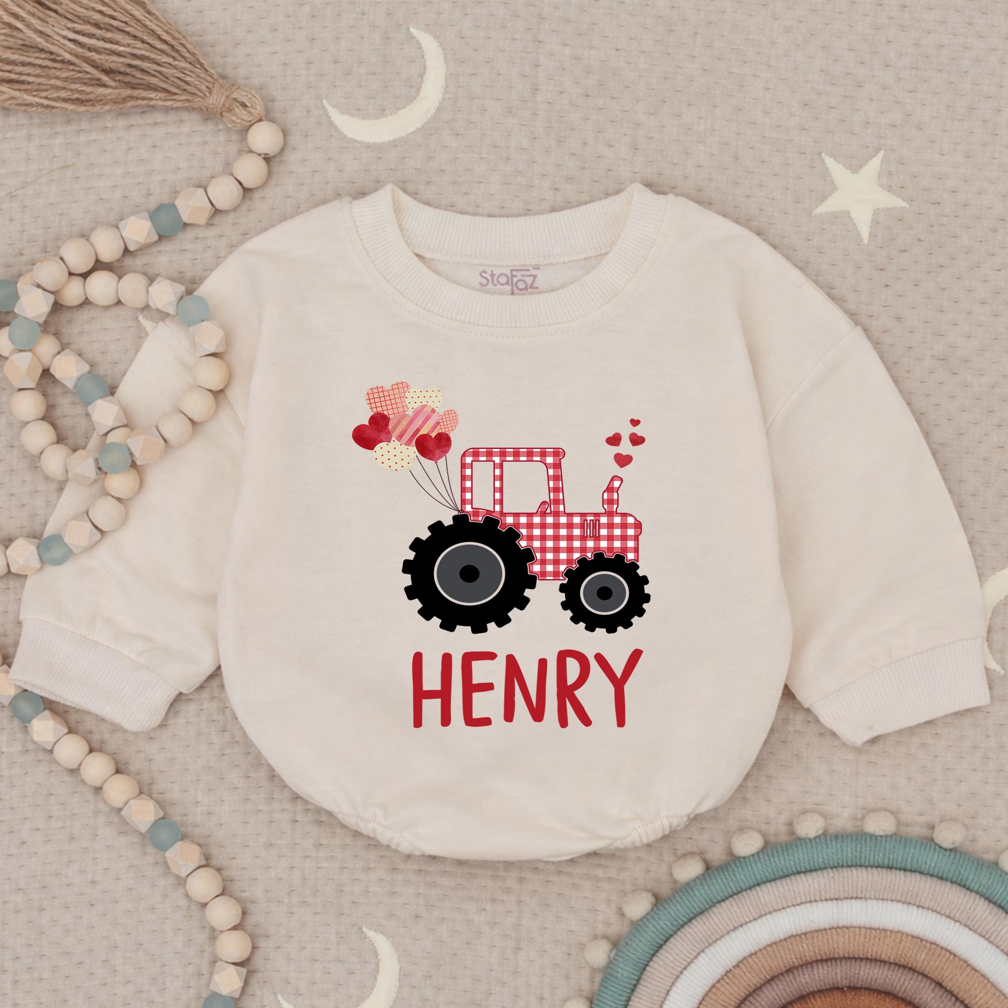 Red Gingham Heart Tractor Baby Bubble Romper with Custom Name, First Valentine's Day Outfit for Baby Boy, Newborn Gift Idea