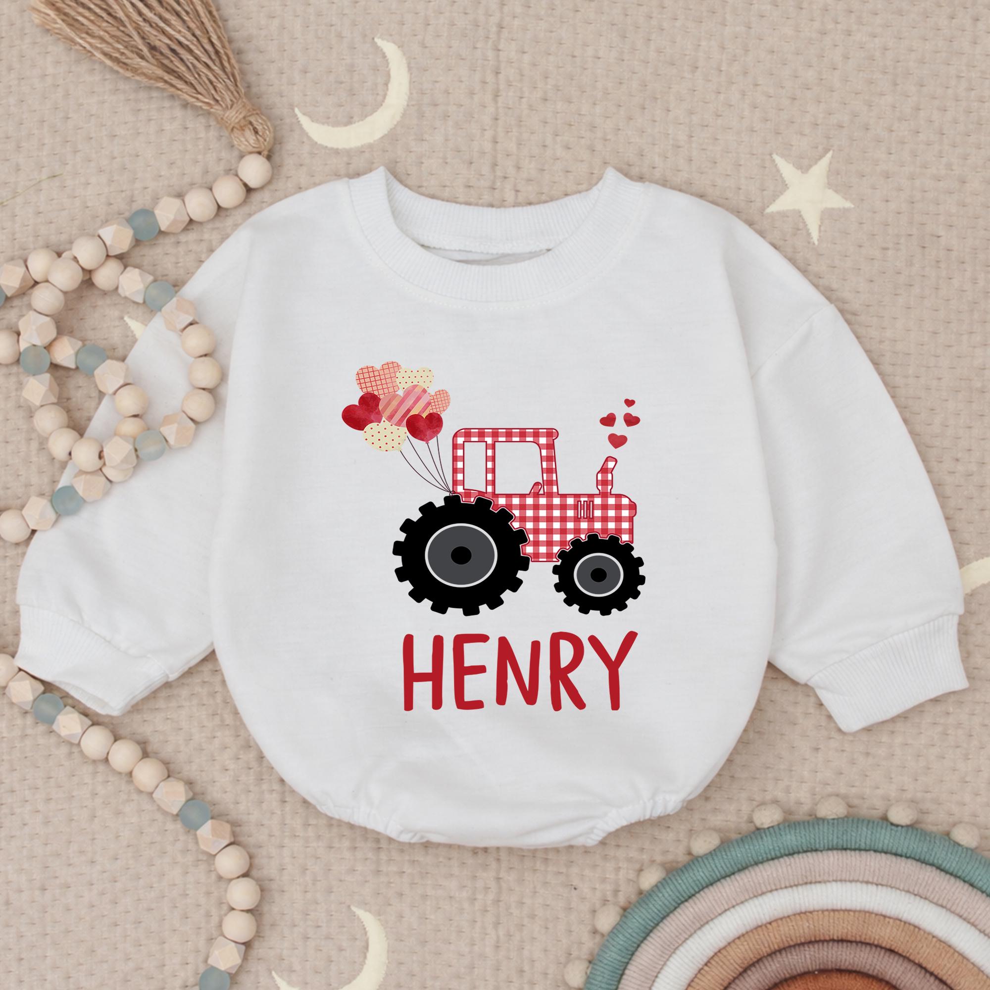 Red Gingham Heart Tractor Baby Bubble Romper with Custom Name, First Valentine's Day Outfit for Baby Boy, Newborn Gift Idea