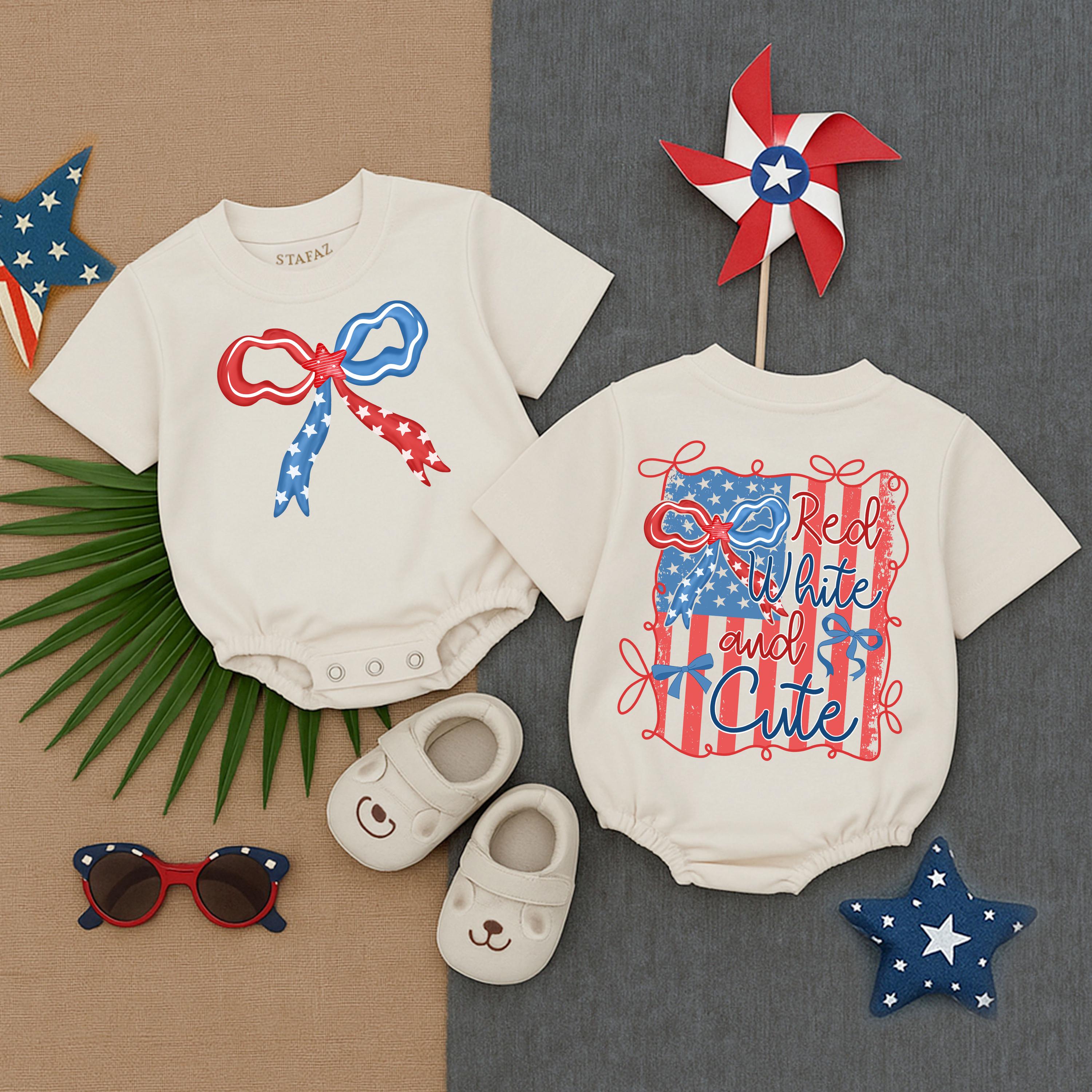 Red White and Cute Baby Romper with Patriotic Bow Stars Stripes 1st Birthday Memorial Day Outfit Soft Cotton Toddler Gift USA Theme