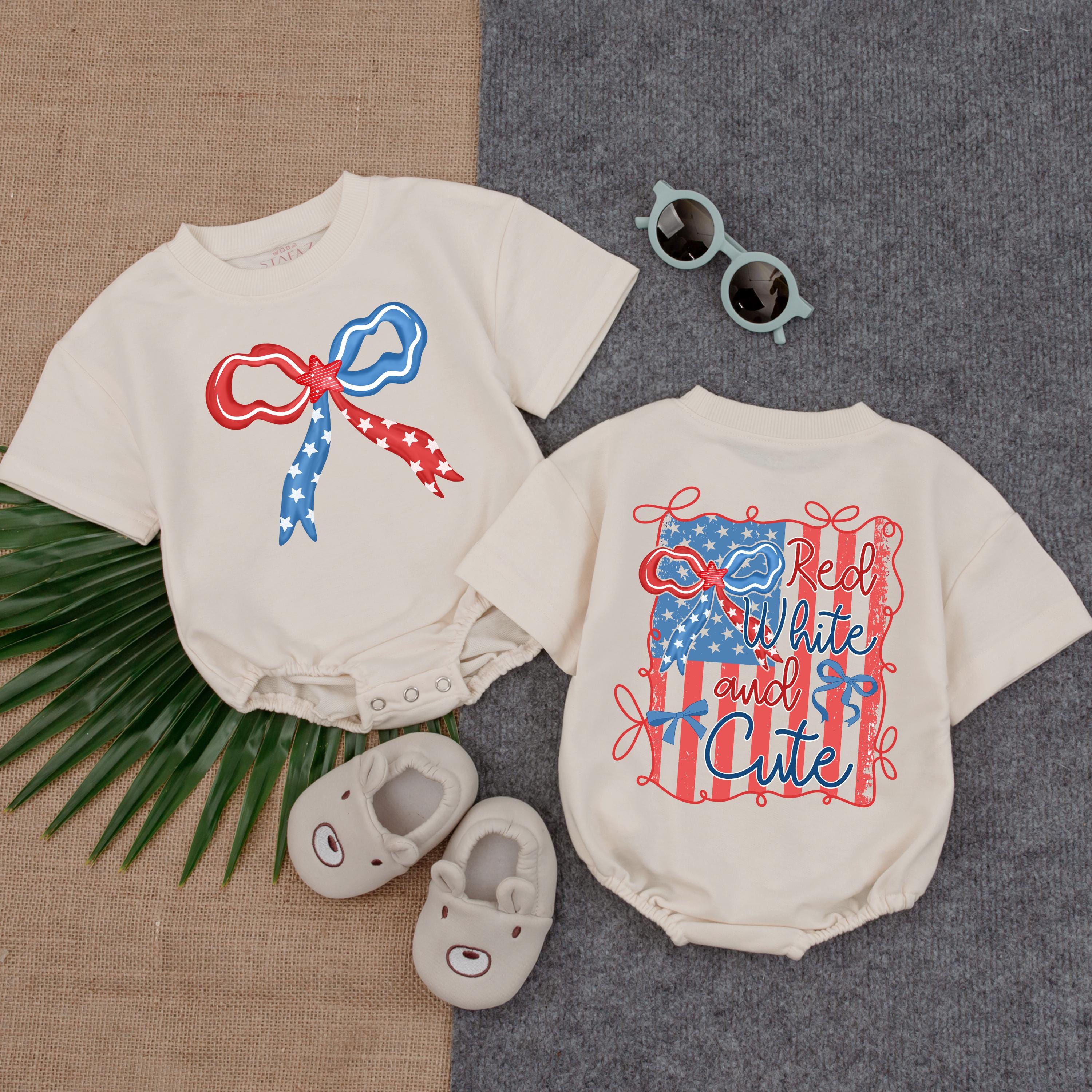 Red White and Cute Baby Romper with Patriotic Bow Stars Stripes 1st Birthday Memorial Day Outfit Soft Cotton Toddler Gift USA Theme