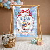 Red White and Due 4th of July Baby Shower Silk Sign with Teddy Bear Decor, All American Baby Sprinkle Backdrop Light Blue Gingham