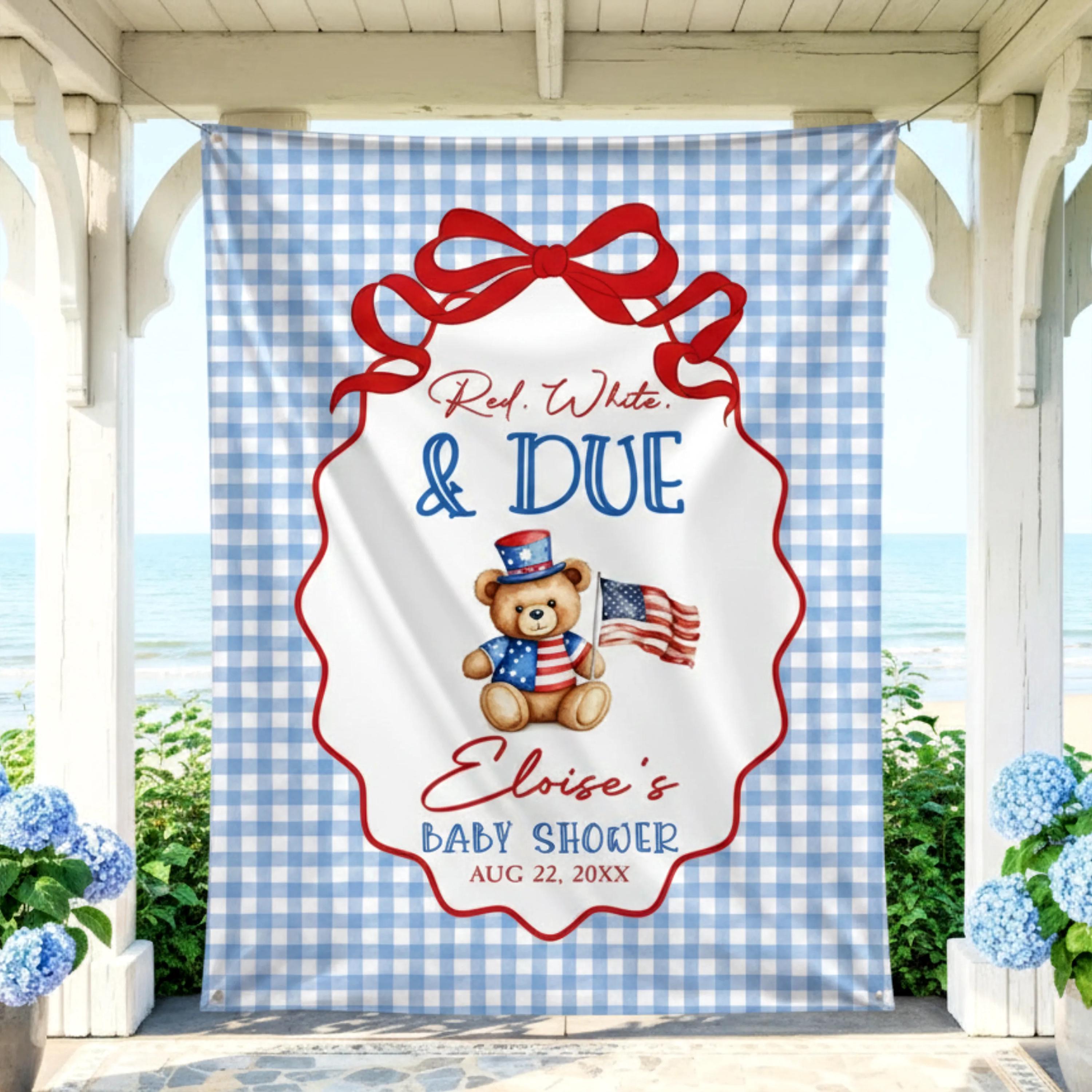 Red White and Due 4th of July Baby Shower Silk Sign with Teddy Bear Decor, All American Baby Sprinkle Backdrop Light Blue Gingham