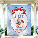 Red White and Due 4th of July Baby Shower Silk Sign with Teddy Bear Decor, All American Baby Sprinkle Backdrop Light Blue Gingham