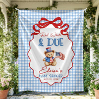 Red White and Due Baby Shower Silk Sign with Teddy Bear, 4th of July All American Patriotic Backdrop, Custom Name and Date Decor