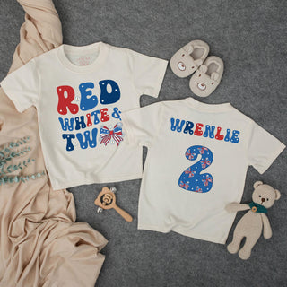"Red White & Two" Toddler Birthday Shirt with Custom Name, 4th of July 2nd Birthday Outfit, Patriotic Matching Family T-Shirts