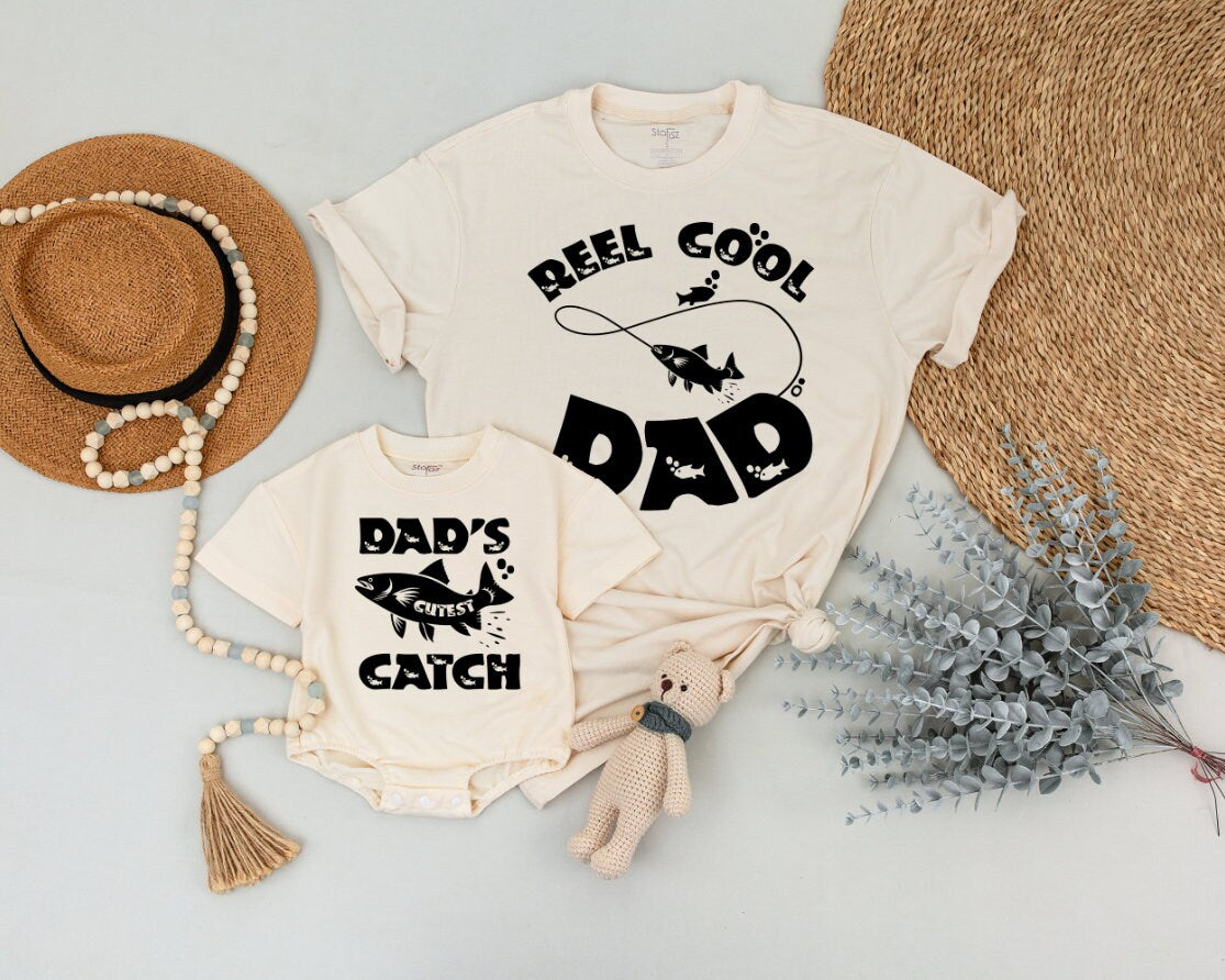 Reel Cool Dad and Cutest Catch Matching Shirts Infant Bodysuit Fun Fishing Design Father's Day Gift Cotton Comfortable Family Outfit