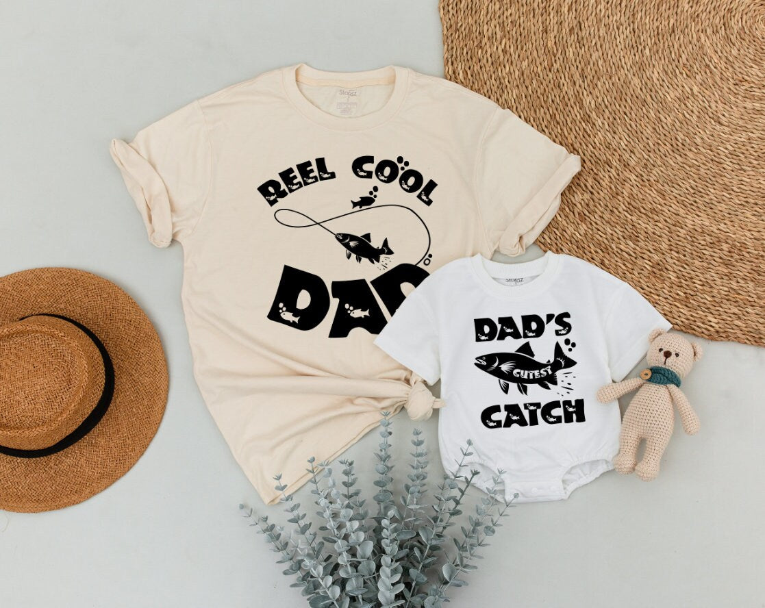 Reel Cool Dad and Cutest Catch Matching Shirts Infant Bodysuit Fun Fishing Design Father's Day Gift Cotton Comfortable Family Outfit