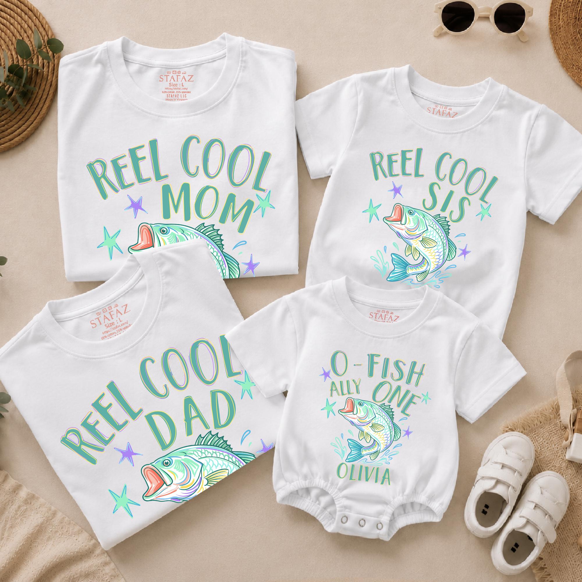 Reel Cool Family Fishing Shirts and O-Fish-Ally One Birthday Romper with Custom Name, Matching 1st Birthday Outfit for Boys or Girls