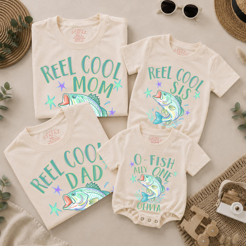 Reel Cool Family Fishing Shirts and O-Fish-Ally One Birthday Romper with Custom Name, Matching 1st Birthday Outfit for Boys or Girls