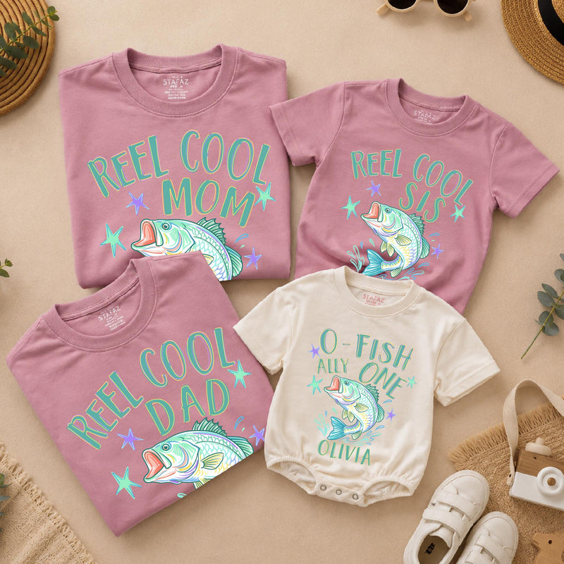 Reel Cool Family Fishing Shirts and O-Fish-Ally One Birthday Romper with Custom Name, Matching 1st Birthday Outfit for Boys or Girls