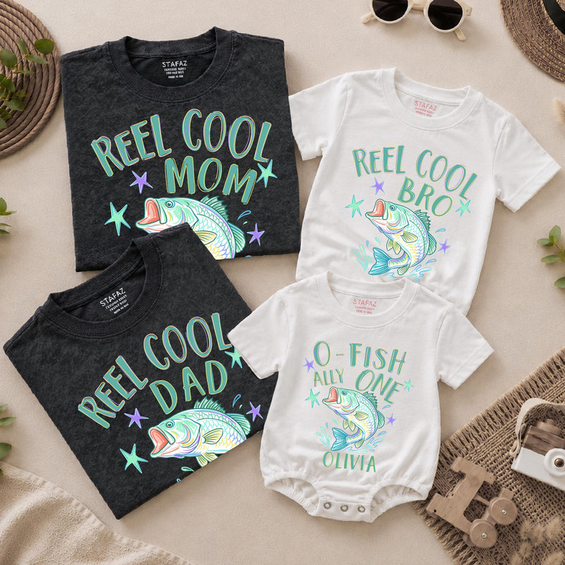 Reel Cool Family Fishing Shirts and O-Fish-Ally One Birthday Romper with Custom Name, Matching 1st Birthday Outfit for Boys or Girls