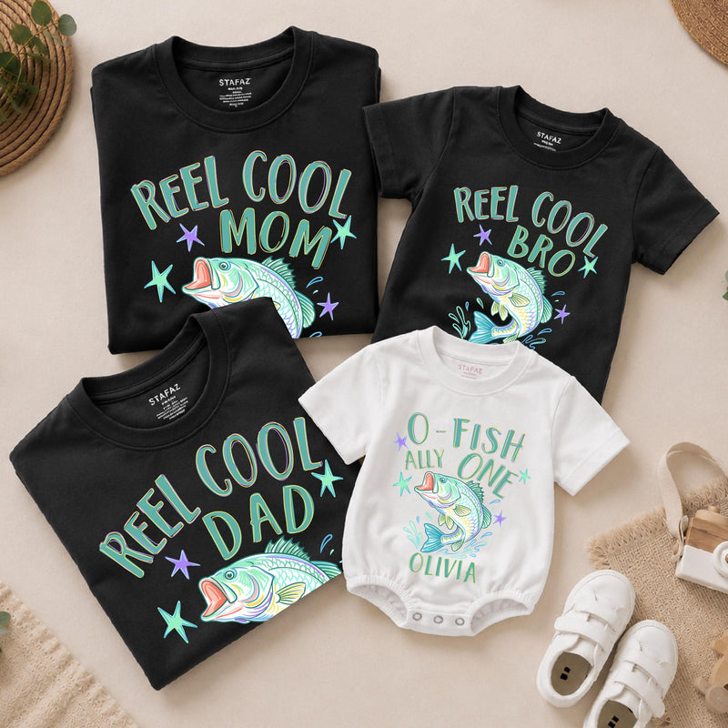 Reel Cool Family Fishing Shirts and O-Fish-Ally One Birthday Romper with Custom Name, Matching 1st Birthday Outfit for Boys or Girls
