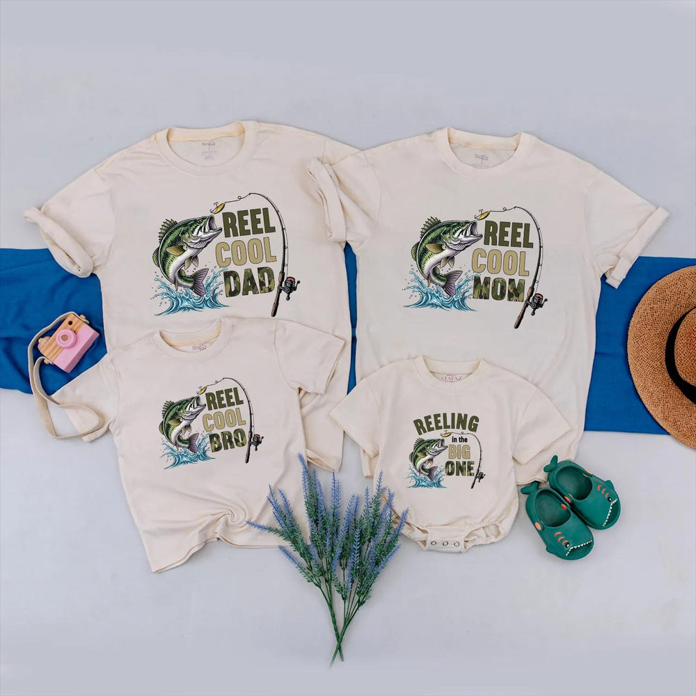 Reel Cool Family Matching Fishing Shirts Custom Names Outdoor Birthday Tees Playful Design Largemouth Bass Graphic Gift for Baby Fishermen