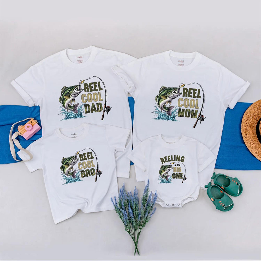 Reel Cool Family Matching Fishing Shirts Custom Names Outdoor Birthday Tees Playful Design Largemouth Bass Graphic Gift for Baby Fishermen