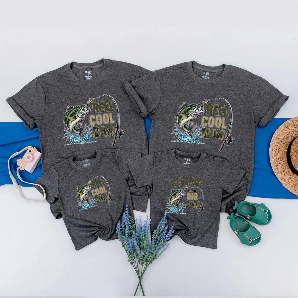Reel Cool Family Matching Fishing Shirts Custom Names Outdoor Birthday Tees Playful Design Largemouth Bass Graphic Gift for Baby Fishermen