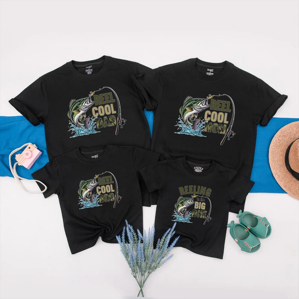 Reel Cool Family Matching Fishing Shirts Custom Names Outdoor Birthday Tees Playful Design Largemouth Bass Graphic Gift for Baby Fishermen
