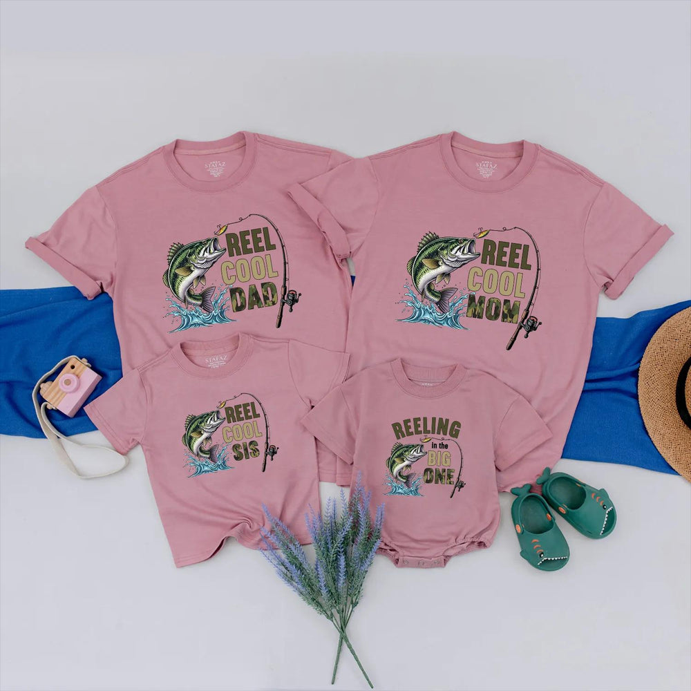 Reel Cool Family Matching Fishing Shirts Custom Names Outdoor Birthday Tees Playful Design Largemouth Bass Graphic Gift for Baby Fishermen