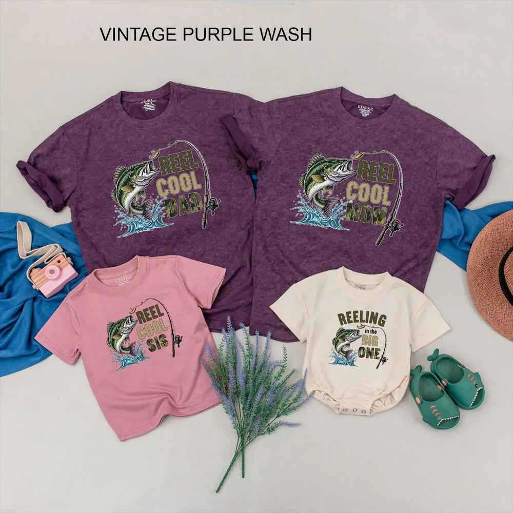 Reel Cool Family Matching Fishing Shirts Custom Names Outdoor Birthday Tees Playful Design Largemouth Bass Graphic Gift for Baby Fishermen