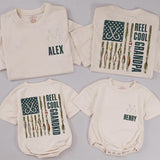 Reel Cool Grandpa and Grandkid Matching Fishing T-Shirts with American Flag Artwork, Custom Name Family Outfit for Bonding Moments