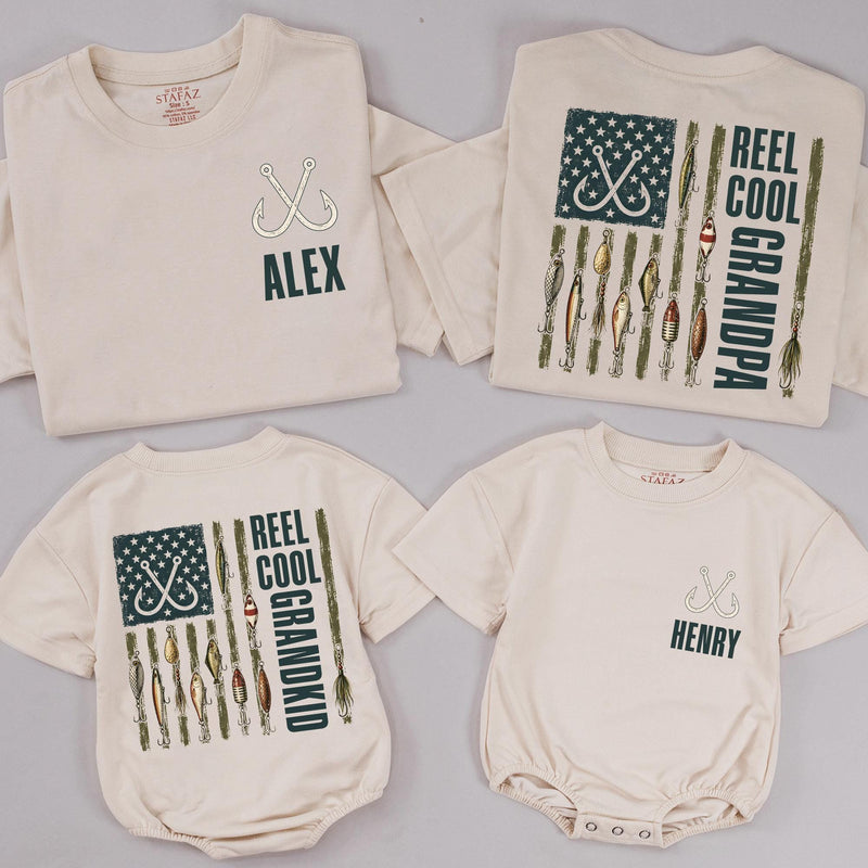 Reel Cool Grandpa and Grandkid Matching Fishing T-Shirts with American Flag Artwork, Custom Name Family Outfit for Bonding Moments