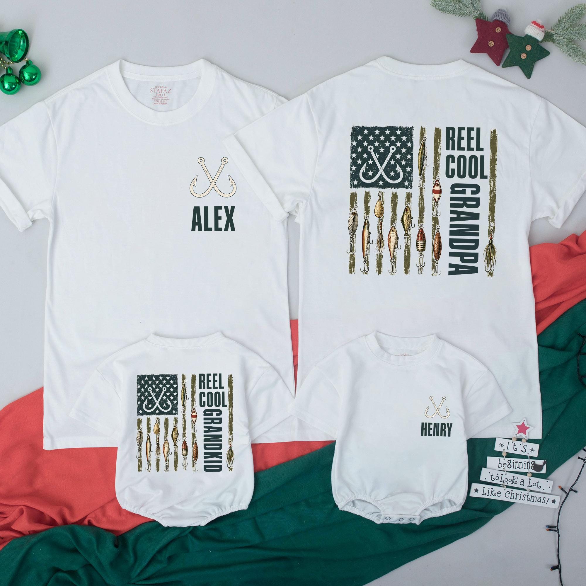 Reel Cool Grandpa and Grandkid Matching Fishing T-Shirts with American Flag Artwork, Custom Name Family Outfit for Bonding Moments