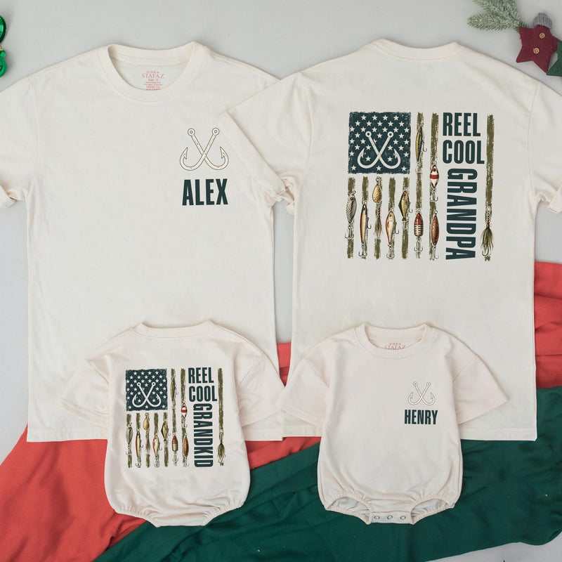 Reel Cool Grandpa and Grandkid Matching Fishing T-Shirts with American Flag Artwork, Custom Name Family Outfit for Bonding Moments