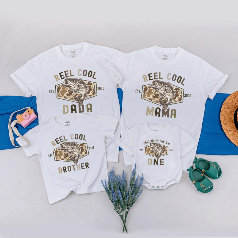 Reeling In The Big One Matching Family Shirts Reel Cool Camo Fishing Outfit Personalized 1st Birthday Toddler Baby Gift Cotton Tees